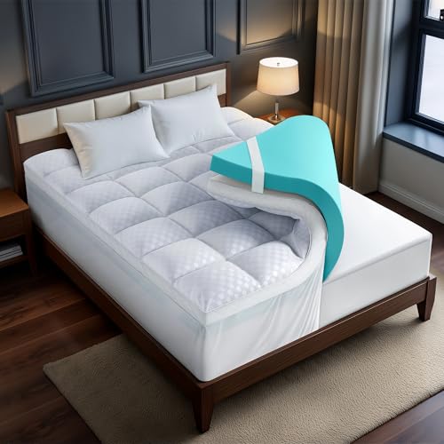 Dual Layer 4 Inch Memory Foam Mattress Topper for Pressure Relief with 4X Support, 2' Comfort Pillow Top Queen Mattress Topper Plus 2' Cooling Gel Memory Foam Mattress Pad