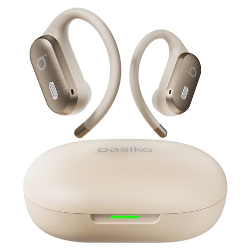 Basike Fone de Ouvido Bluetooth 5.4 Open-Ear, TWS Som Estéreo Hi-Fi, ANC e Modo Transparência, Suporta Chamadas de Voz, Toque Inteligente, Compatível com Android e iOS – Bege Claro
