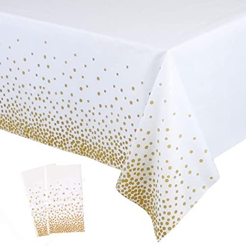 2 Pack White and Gold Tablecloth Disposable Gold Tables Tablecloths for Rectangle 54' x 108' Plastic Tablecloth Party Table Covers for Birthday Thanksgiving Christmas Wedding Outdoor BBQ (White)