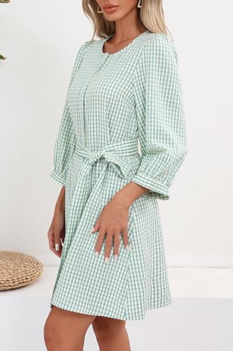 Image of Ladyful Gingham Shirt Dress for Women Summer Crewneck 3 /4 Sleeve Button Down Dress Tie Waist Plaid Short Dresses
