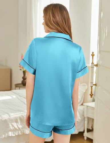 Image of Silk Pajamas for Women Short Sleeve Sleepwear Soft Button Down Loungewear 2 Piece Satin Pjs Shorts Set S-XXL