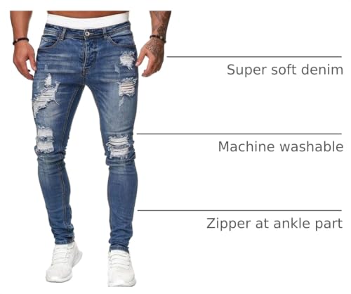 Image of HUNGSON Men's Blue Slim Fit Jeans Stretch Destroyed Ripped Skinny Jeans Side Striped Denim Pants
