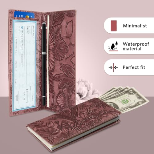 Image of CoBak Premium Leather Checkbook Cover - RFID Blocking, Classic Design, Slim & Durable - Perfect for Personal & Business Checks,Red Embossed Narcissus