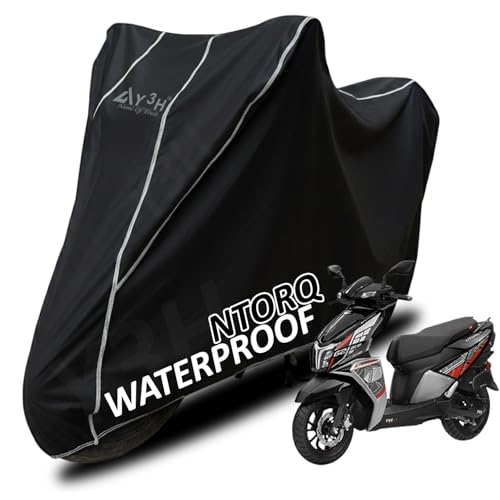 Image of Bike Body Cover TVS Ntorq Full Body Cover with Waterproof, Dust Proof, UV Rays Protective, Tripple Stitching & Lightweight Two Wheeler Covers - Black with Waterproof White Piping