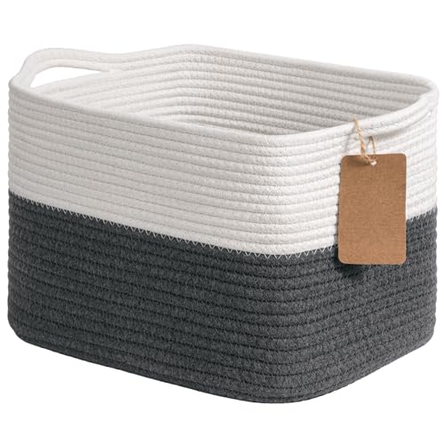 Image of Goodpick Woven Rope Storage Basket for Shelves, Rectangle, Dark Gray | 13 inch x 10 inch x 9 inch Stylish Gift Basket for Home Decor, Cotton Rope Baskets for Baby Toys, Books & Towels Storage, Writable Label