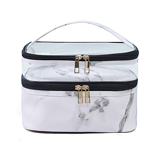 FITINI Double Layer Makeup & Toiletry Bag White Marble