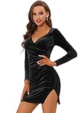 Allegra K Damen Langarm V-Ausschnitt Rüschen Split Party Samt Minikleid Kleid Schwarz XL
