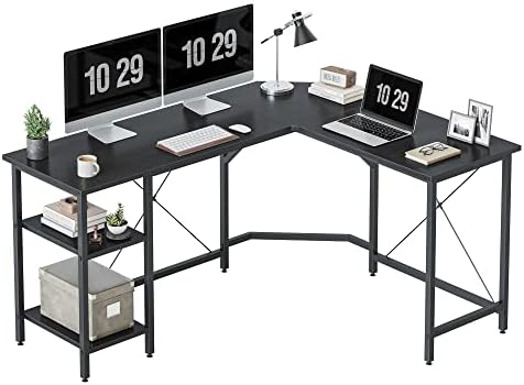 CubiCubi L Shaped Computer Desk, 150 cm Industrial Office Desk with Storage Shelves, White Wood and Metal Corner Desk for Home Office, Black