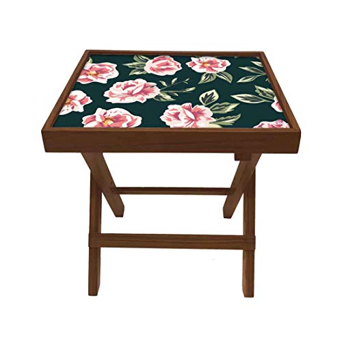 Image of Nutcase Designer Teak Wood Side Table Folding Wooden Bedside Coffee Outdoor Picnic Table - Pink and Black Floral