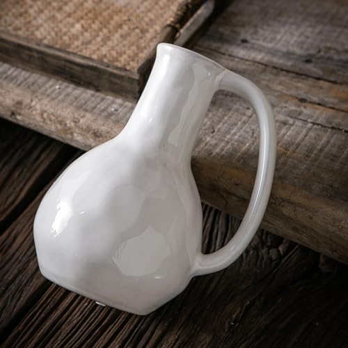 White Ceramic Vase with Big Handles, Modern Farmhouse Decor, Rustic Pottery for Flowers, Decorative Terracotta Centerpiece for Dining Table