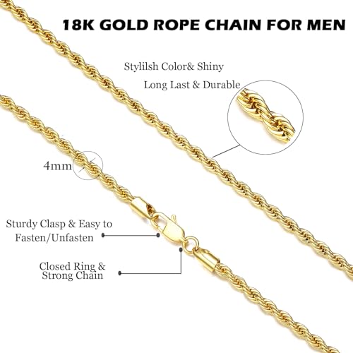 Mens 4mm 18K Real Gold Plated Stainless Steel Rope Chain Necklace Jewelry for Men2
