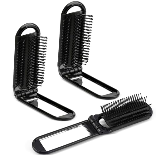 Faltbare Reise Haarbürstes, 3 Stück Klappbar Mini Haarbürstes, Reise Haarbürste mit Spiegel, Kompakte Schwarz Haarbürste für Haare