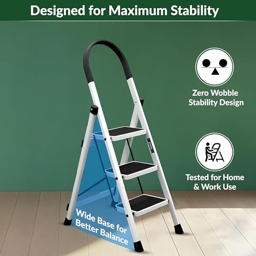 Image of Plantex Ladder for Home 3 Steps /Foldable Ladder with Anti-Skid Wide Steps (30L x 20W cm) /Strong D-Shape Pipe with X-Support for More Stability /5 Year Warranty(Apex-White)