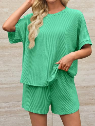 Image of Imily Bela Womens 2 Piece Outfits 2025 Oversized Summer Short Sets Casual Beach Ribbed Short Sleeve Matching Set