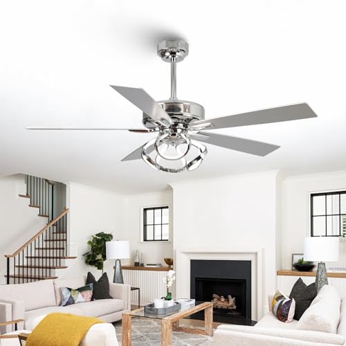 Image of Ceiling Fans with Lights and Remote - Modern Silver Ceiling Fan with Light and Remote, 3CCT, 6 Speeds, Quiet, Dual-Sided Reversible Blades Indoor Outdoor Chandelier Fan for Bedroom Living Room