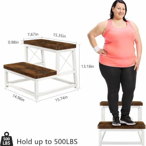 Image of 82984 Heavy Duty Wooden Step Stool for Adults, 2 Tier Heavy Duty Step Stool for High Bed with Non-Slip Feet, Using for Bedroom, Living Room, Bathroom and Kitchen (White)