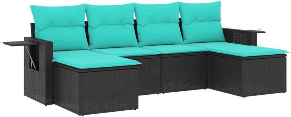 vidaXL Patio Sofa Set with Cushions - Outdoor Black Poly Rattan Furniture, 6 Piece - Storage Function, Blue Removable Washable Covers, Versatile Garden/Terrace Furniture