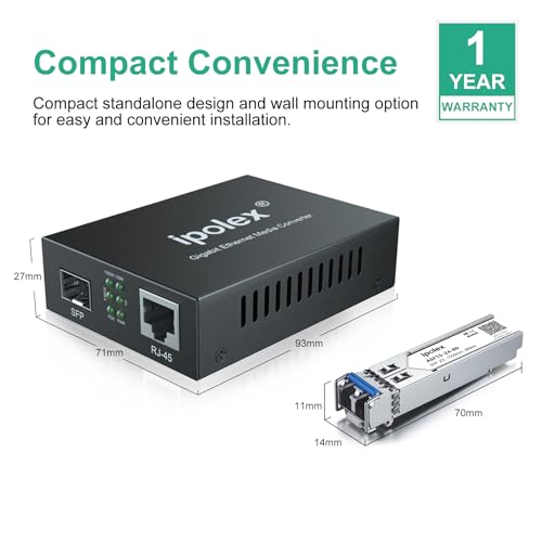 Image of ipolex Gigabit Single-Mode LC Fiber to Ethernet Media Converter, with A SFP ZX Module, 1310nm, SMF, up to 80-KM, 1.25G Fiber to Copper Media Converter, 1000Base-ZX to 10 /100 /1000Base-TX