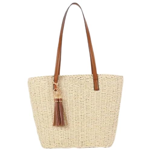 Sac de plage de paille tressé grande capacité avec fermeture et tassel
