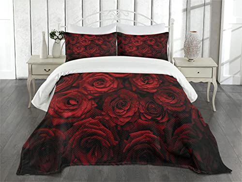 Ambesonne Dark Red Bedspread, Roses Drops Of Water Blooming Bouquet Of Love And Passion Image, Decorative Quilted 3 Piece Coverlet Set With 2 Pillow Shams, Queen Size, Black Red #TOP1