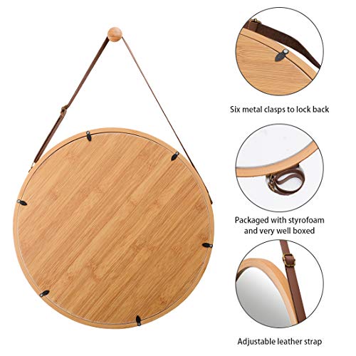 Hanging Round Wall Mirror in Bathroom & Bedroom - Solid Bamboo Frame & Adjustable Leather Strap (Bamboo, 17-3/4") - Image 6