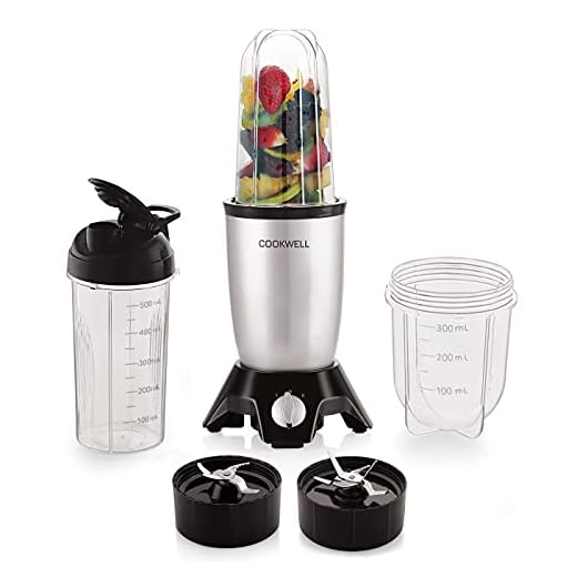 Cookwell Bullet Mixer Grinder (3 Jar, 2 Blade, Silver) - Copper, 600 Watts - 2 Year Warranty