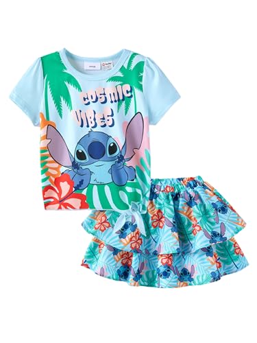 Image of Disney Frozen Elsa Stitch Minnie Princess Toddler Girls' T-Shirt & Double Ruffle Skirt 2 Piece Outfit Summer Clothes Set 2-9Y