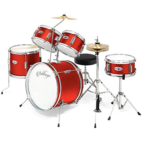 Ashthorpe 5-Piece Complete Junior Drum Set with Genuine Brass Cymbals - Advanced Beginner Kit with 16" Bass, Adjustable Throne, Cymbals, Hi-Hats, Pedals & Drumsticks - Red Cover