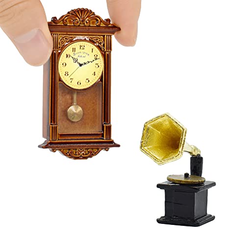 Iland Miniature Dollhouse Accessories On 1:12 Scale, Dollhouse Living Room/Study Décor Set Of Vintage Grandfather Wall Clock And Record Player #TOP13