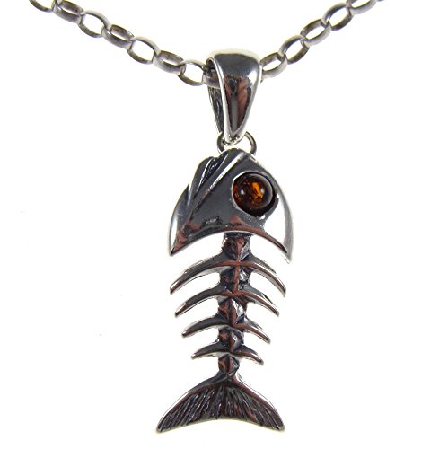 BALTIC AMBER AND STERLING SILVER 925 FISHBONE PENDANT NECKLACE - 14 16 18