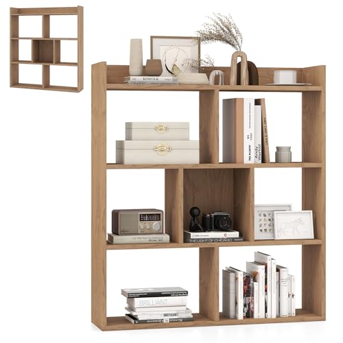 HOMASIS Estantería Madera con 7 Compartimentos Diáfanos, Almacenamiento de Exposición, Biblioteca con Protección Antivuelco, Separador de Habitaciones para Salón (Natural)