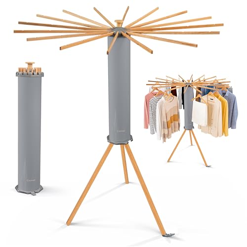 Crystals Octopus Clothes Drying Rack Airer Portable Cloth Airer 16 Arm Wooden Collapsible Pole Tripod Laundry Dryer Horse Stand Floor Standing Foldable Clothes Hanger for Home Use_Grey