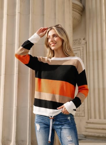 Image of Dokotoo Womens Sweaters Striped Fall Winter Outfits Drawstring Color Block | Long Sleeve,Crewneck,Lightweight Fashion Clothing,Teachers Comfy Outfits,Business Casual Tops,Vacation Wear