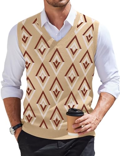 COOFANDY Men's Sweater Vest V Neck Sleeveless Sweater Slim Fit Casual Knitted Vest Sweaters Argyle Khaki XX-Large