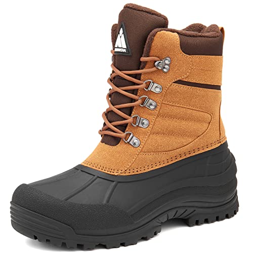 Men’s Waterproof Winter Boots Insulated Warm Snow Boot Mid Calf Fur Lined Duck Boots Non Slip Outdoor Hiking Boot Camel 7