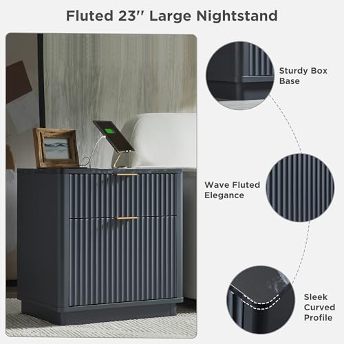 T4TREAM 23'' Fluted Nightstand Set of 2 with Charging Station, Large 2 Drawer Bedside Table, Modern End Table with Storage, Mid Century Night Stand for Bedroom Living Room, Curved Profile, Dark Grey