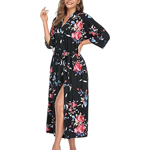 Women's Soft Robes Lightweight Kimono Loungewear Long Nightgown Knit Bathrobe Casual Sleepwear Pajamas with Pockets, Floral Black Large Cover