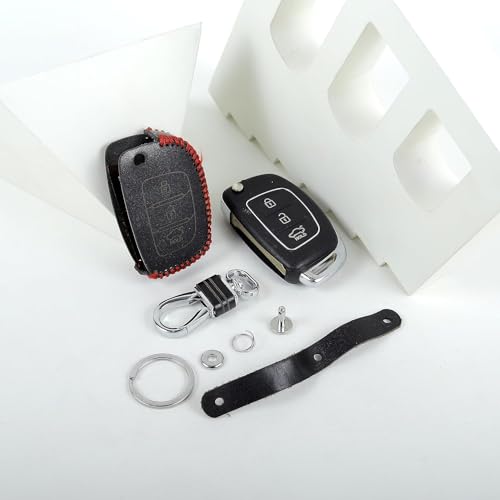 Image of Leather Smart Car Key Cover Case with Metal Hook Keychain for Old I 10 Grand, Old I 20, Old Creta (Black)