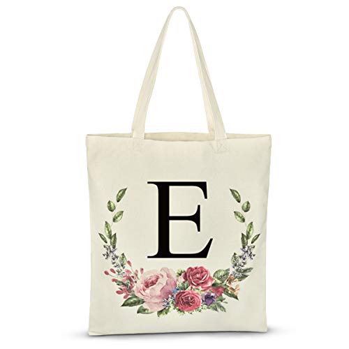 Sunfreem NatuBeau Personalized Floral Initial Tote Bag for women Canvas Tote Bags Reusable Grocery Bags Shopping Bags for Bridesmaids Bachelorette Wedding Baby Shower Birthday Party (Letter E)