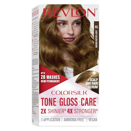 Revlon ColorSilk Tone + Gloss + Care Demi Permanent Hair Color Dye Kit with Leave-In Scalp and Haircare Serum 2x Shinier 4x Stronger 6G Light Golden Brown 4.5 fl oz