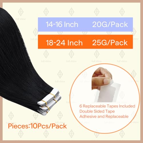 Image of Full Shine Injection Tape in Hair Extensions, Color 1 Jet Black,Virgin Human Hair Extensions, Seamless Injected Tape, 20 Inch, 25G, 10 Pcs, Date Night, Dinner, Smooth Finish
