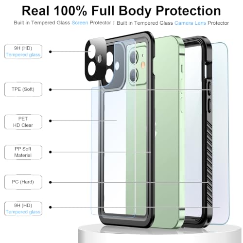 Temdan Designed for iPhone 12 Case Waterproof, Built-in Screen & Camera Protector IP68 Underwater Full Body Dropproof Shockproof Phone Case 6.1"-Black - image 5
