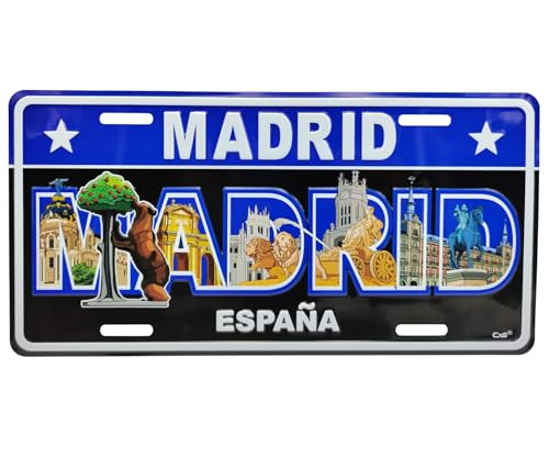 Planta Color Matrícula Decorativa 30x15 cm – Placa Metálica de Pared con Monumentos y Texto “Madrid España” – Diseño moderno para Garaje, Bar, Habitación, Oficina – 4 orificios (Madrid)