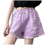 Girls Ripped Jean Shorts Cute Y2k High Waisted Wide Straight Leg Denim Pants with Pockets Fashion (Purple, 13-14 Years)