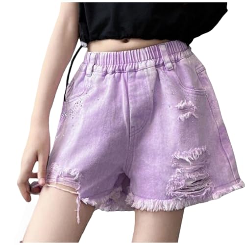 Girls Ripped Jean Shorts Cute Y2k High Waisted Wide Straight Leg Denim Pants with Pockets Fashion (Purple, 13-14 Years)