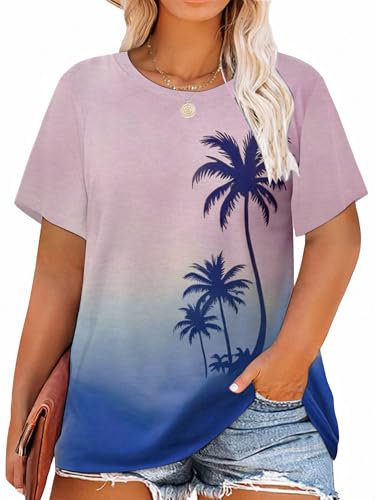 HDLTE Plus Size Beach Shirts for Women Short Sleeve Hawaiian Shirt Casual Vacation Blouses (Blue Pink, 2X)