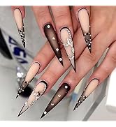 Rilafuvu Press on Nails Long Fake Nails Stiletto Press on Nail with 3D Rhinestones Designs Glue o...