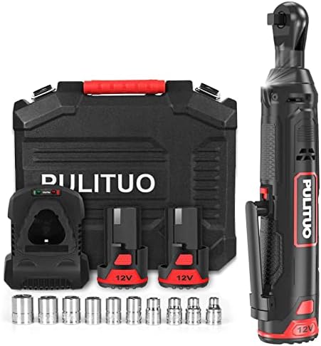 PULITUO Cordless Electric Ratchet Wrench 3/8", 12V Power Ratchet Tool Kit 40 Ft.Lbs (54 N.m) Max Torque with 2-PACK 2000mAh Lithium-Ion Batteries, 45 Min Fast Charger, Variable Speed and 10 Sockets