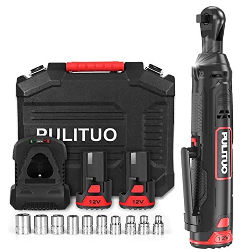 Pulituo Cordless Electric Ratchet Wrench 3/8", 12V Power Ratchet Tool Kit 40 Ft.lbs (54 N.m) Max Torque With 2-Pack 2000Mah Lithium-Ion Batteries, 45 Min Fast Charger, Variable Speed And 10 Sockets #TOP29