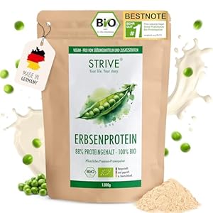 STRIVE ERBSENPROTEIN | 100% BIO | Vegan | 88% Proteingehalt mit allen Aminosäuren | 1Kg | Premium Erbsenprotein Isolat | Frei von Zusatzstoffen | Geprüfte Bio-Qualität DE-ÖKO-039